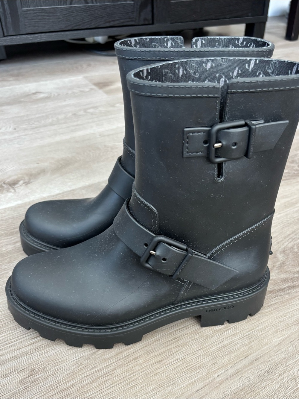 Jimmy Choo Black Lug Sole Yael Buckle Biker Boots Rain Boots Slip On EU 37 / US